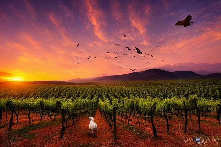 Prompt: amazing landscape photo of vineyard with an eagle in sunset by marc adamus beautiful dramatic lighting