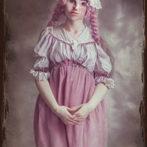 Image similar to 8 k, octane render, realism, tonalism, renaissance, rococo, baroque, cotton candy, portrait of a creepy young lady wearing long 1 9 7 0 s babydoll dress with flowers and skulls