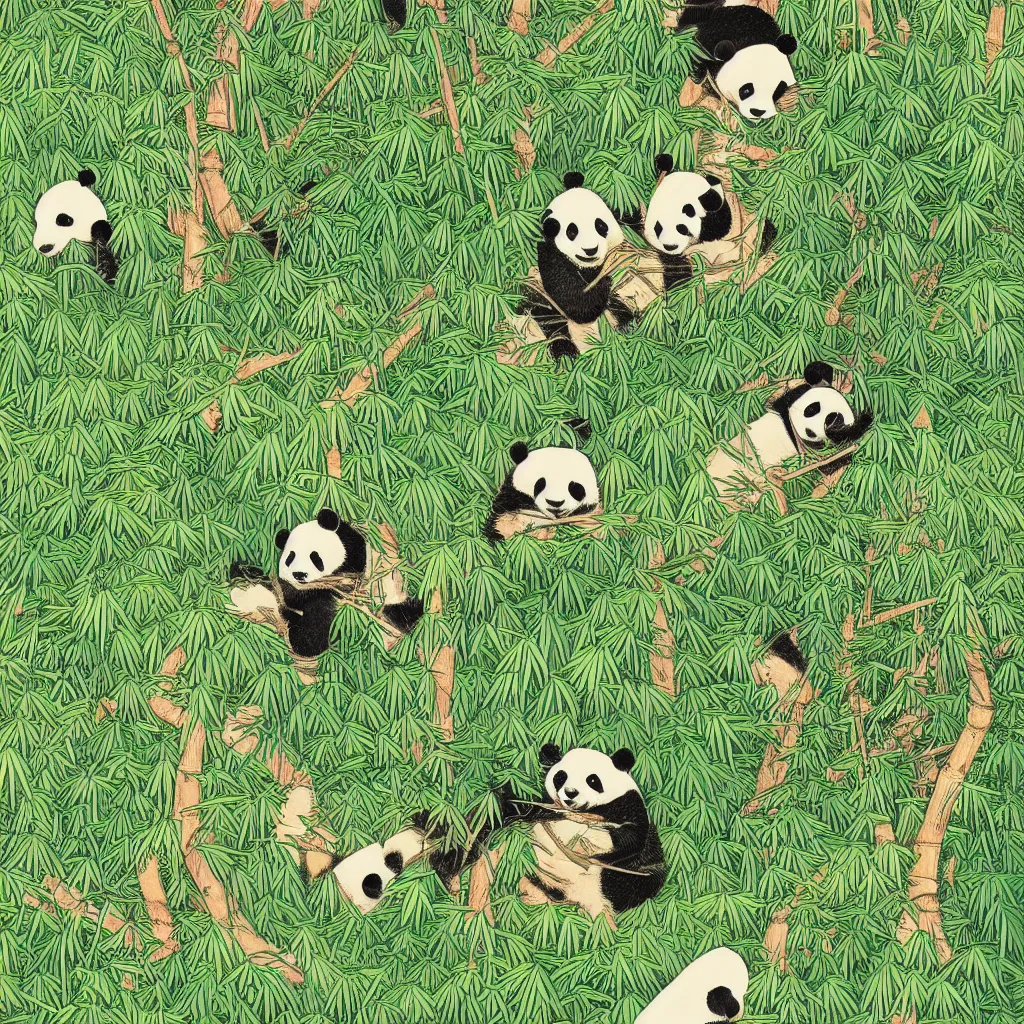 Image similar to isometric view illustration of a bamboo forest and panda eating bamboo, highly detailed mid day by victo ngai