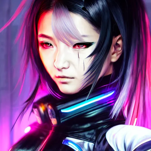 Image similar to An epic comic hyperrealistic anime painting of a cyber warrrior girl wearing futuristic wardrobe, black and silver, ultradetailed face expression trending on artstation and artbreeder, cyberpunk 2077 color, heavy rainning at tokyo street night, neon ligh, DAZ, 8k, unreal 5 engine render, cosplay, RPG portrait, final fantasy Vll world concept, dramatic lighting, rim lights, PS5 render quality