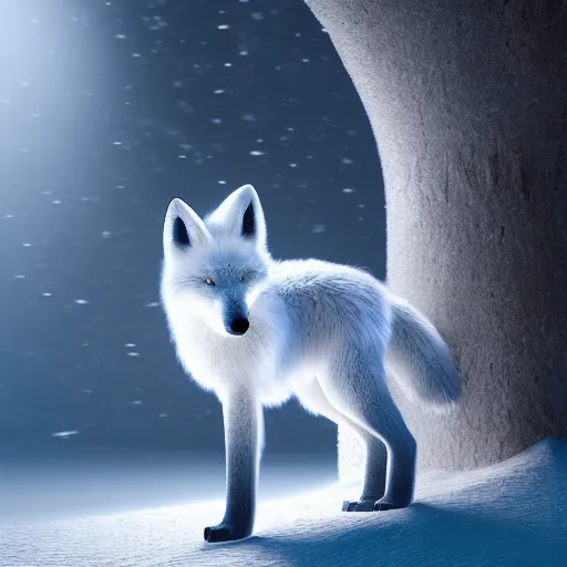 Image similar to A mythical polar fox made of ice crystalst:: hyper realistic, octane render, cinematic, dramatic lighting shadows, detailed illustration, 8k, intricate details