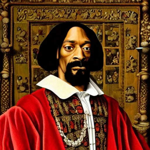 Image similar to a highly detailed portrait of snoop dogg, wearing elegant tudor clothes, inside a room with thick red tapestries, oil painting by hans holbein and alessandro allori and richard burbage