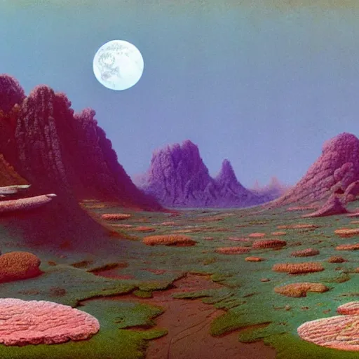 Image similar to a landscape on the moon with many craters, barren moon landscape, in a big crater at the center there is a beautiful flowering garden, 8 k, lowbrow in the style of martin johnson heade and daniel merriam and roger dean,