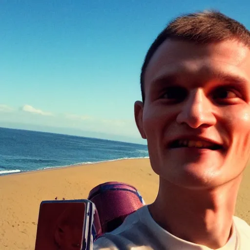 Image similar to vitalik buterin on a red beach taking a selfie