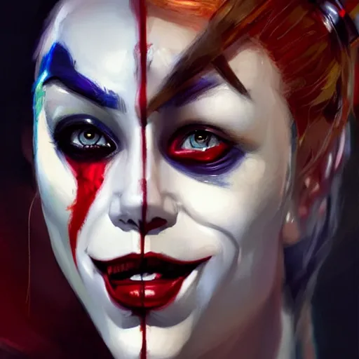 Prompt: portrait of Harley Quinn as Joker by Greg Rutkowski, sexy and beautiful girl, a little bit crazy, highly detailed portrait, scifi, digital painting, artstation, concept art, smooth, sharp foccus ilustration, Artstation HQ
