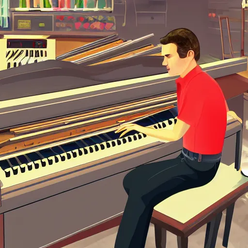 Image similar to GTA V illustration of white teenager with black hair playing an organ in a 1990s instrument shop, cover of GTA V