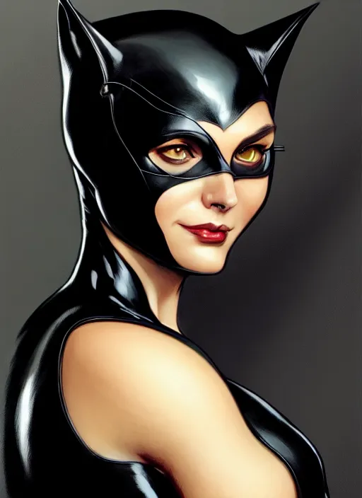 Prompt: Portrait of Catwoman, D&D, latex, fantasy, intricate, elegant, highly detailed, digital painting, artstation, concept art, smooth, sharp focus, illustration, art by artgerm and greg rutkowski and alphonse mucha