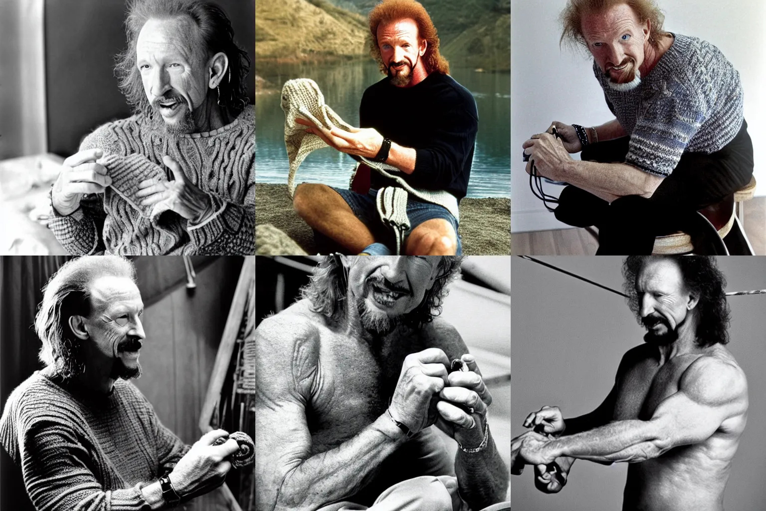 Prompt: Diamond Dallas Page knitting, candid photograph by Annie Leibovitz