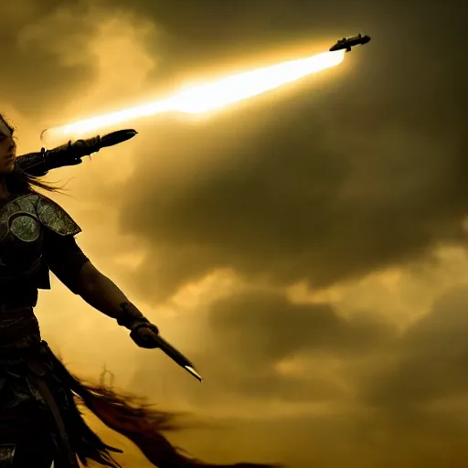 Image similar to a photograph of the goddess of war in the battlefield, action movie, movie still, cinematic, filmic, dramatic, dramatic lighting