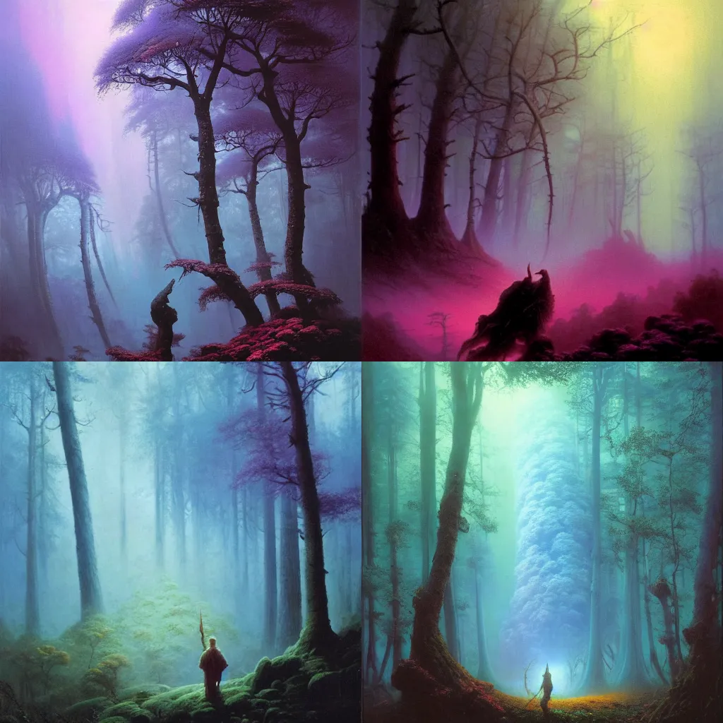 Prompt: An epic forest of enchantment, by Wayne Barlowe, by Ivan Aivazovsky, by Bruce Pennington, by Paul Lehr, masterpiece, oil on canvas, trending on artstation, top on pixiv, cinematic composition, dramatic scene, beautiful aesthetic lighting, artgem, horror, fantasy, concept art, sharp, high details, hyper-detailed, astrophotography, no frames, 8K