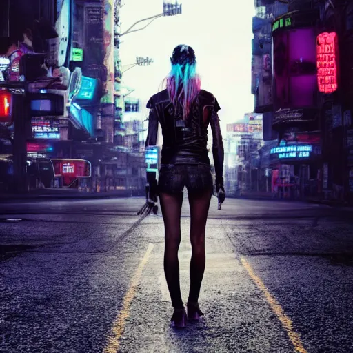 Prompt: cara delevingne standing, head and shoulder shot, cyberpunk city, city background, 4k, beautiful face, trending on artstation, digital art