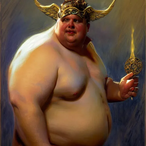 Image similar to obese male lucifer morning star casting a spell summoning male demons, they rise from down bellow. highly detailed painting by gaston bussiere, craig mullins, j. c. leyendecker, 8 k