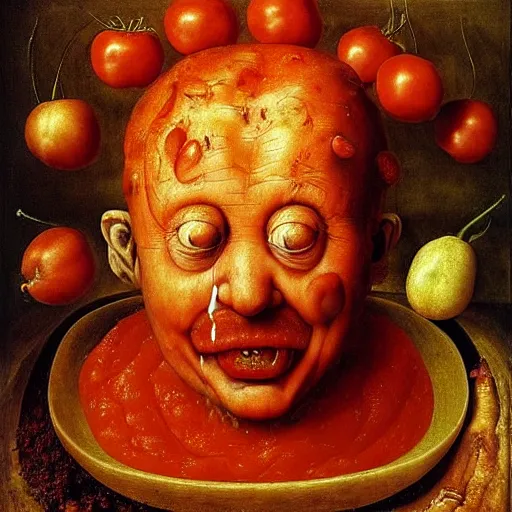 Image similar to a chef sitting in a bathtub full of tomato sauce, looking straight into camera, screaming in pain, by giuseppe arcimboldo and ambrosius benson, renaissance, fruit, intricate and intense oil paint, a touch of beksinski, realistic