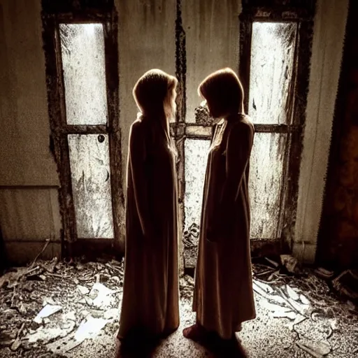 Prompt: a beautiful and eerie picture of two women wearing nightdresses in an abandoned mansion in silent hill
