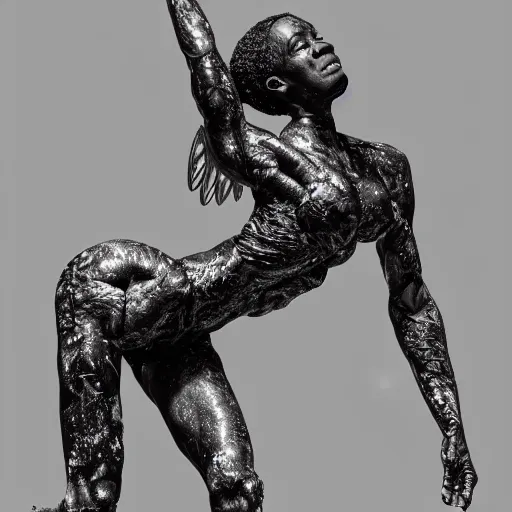 Prompt: hyper realistic of a stunning intricate cracked black marble falling african american woman angel body sculpture, highly detailed, white background, trending on artstation, hyperrealism, matte painting, subsurface scattering