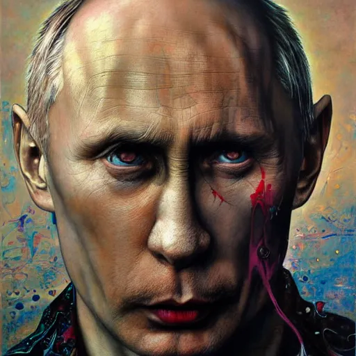 Prompt: realistic detailed image of enemy of humanity vladimir putin by ayami kojima, amano, karol bak, greg hildebrandt, and mark brooks, neo - gothic, gothic, rich deep colors. beksinski painting, part by adrian ghenie and gerhard richter. art by takato yamamoto. masterpiece