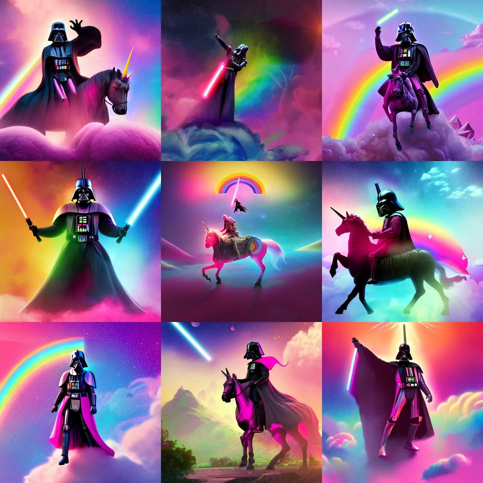 Prompt: beautiful matte painting, rainbow colored pink darth vader wearing pink, riding a unicorn, riding a unicorn over a glittering rainbow in space by lisa frank and dan mumford, octane render, HDR, vivid color, volumetric lighting, unreal engine, concept art, CGsociety, trending on artstation