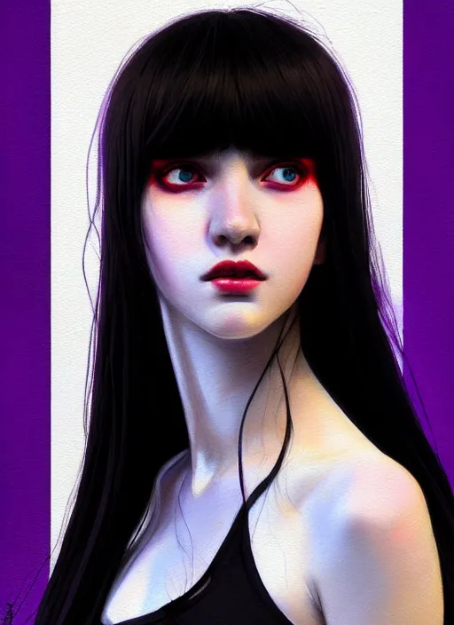 Image similar to portrait of teenage girl, red irises, bangs, black and white hair, white bangs, purple clothes, white bangs, two color hair, black hair and white bangs, intricate, elegant, glowing lights, highly detailed, digital painting, artstation, concept art, smooth, sharp focus, illustration, art by wlop, mars ravelo and greg rutkowski