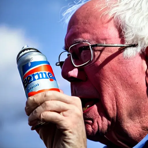 Prompt: Bernie sanders with a mullet drinking a pbr in a trailer park