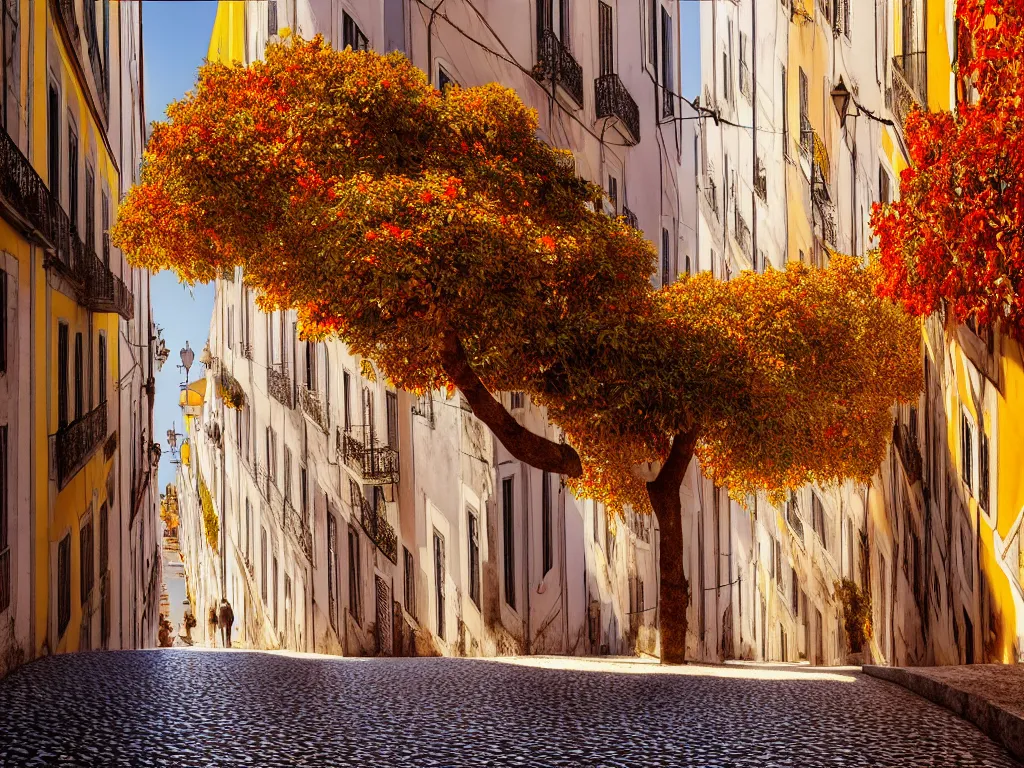 Image similar to a beautiful serene lisbon during autumn on a fine day, photorealistic, hyperdetailed, studio lighting, octane render, caustics