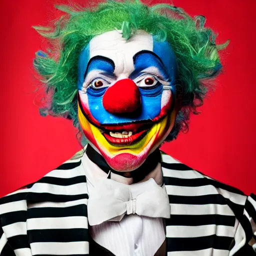 Image similar to UHD candid photo of Zelensky dressed as a clown, wearing accurate clown makeup, accurate face, UHD, photorealistic, correct face, photo by Annie Leibowitz