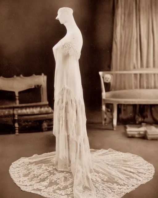 Prompt: the film still photographed image is a haute couture bridal ensemble from the 1 9 1 0 s. the delicate, neutral - toned lace and sumptuous fabric is reminiscent of a cozy christmas morning, and the ensemble is displayed on a mannequin in the exhibit. vibrant cinematography, anamorphic lenses, upscale, hyper realistic photo, crisp, detailed image in 8 k resolution.