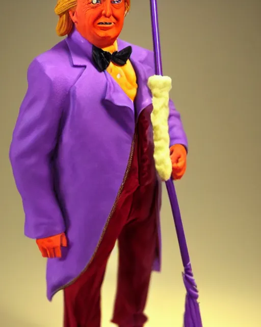 Prompt: maquette sculpture of donald trump as willy wonka, he is wearing a victorian era purple jacket and pants, and a velvet purple top hat over his long orange hair. he is holding a candy cane colored cane. his skin is an orange color like an oompa loompa. in the style of sideshow collectibles, highly detailed sculpture