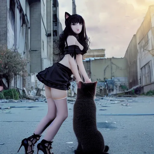 Image similar to cute anime neko girl with long black curly hair and 2 small cat ears on her head wearing nice black lace short evening dress and black high - heeled shoes, in the middle of the square of a ruined post - apocalyptic city at sunset