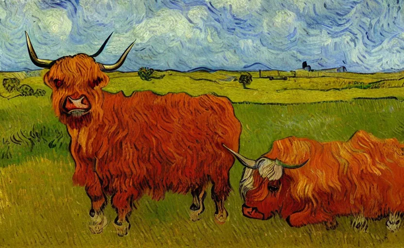 Prompt: oil painting by van gogh of a highland cow in a meadow at dawn.
