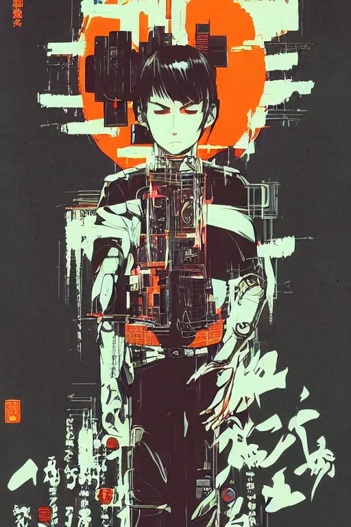 Image similar to professionally drawn seinen mature cyberpunk detective horror action manga comic cover about hinduism buddhism reincarnation cyborgs, full color, beautifully drawn coherent professional, drawn by ilya kuvshinov, ilya kuvshinov, satoshi kon and tsutomu nihei. japanese script kanji hiragana on the cover. simple minimalist stylized cover art. orange green cel shaded