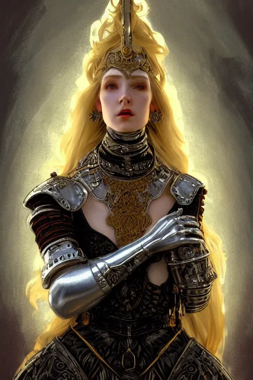 Image similar to beautiful luxury and elite and victorian and holy medieval female red and white silver mirror color armor knight portrait+smoky eyes+light flowing golden blonde hair, in ruin gothic cathedral, ultradetail face, art and illustration by tian zi and craig mullins and WLOP and alphonse mucha, fantasy, intricate complexity, human structure, fantasy world concept, watermark, blurry, hyperrealism 8k
