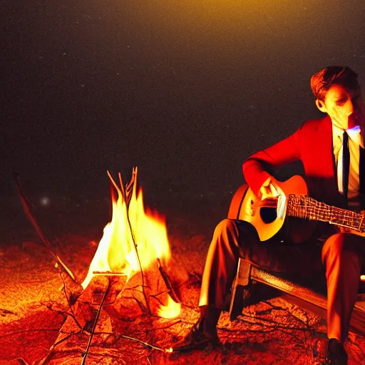 Prompt: caracals wearing red ties near campfire playing a guitar, night, atmospheric lighting, intricate, volumetric lighting, beautiful, digital cart