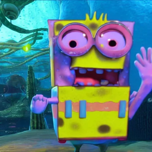 Image similar to found footage of Spongebob in Subnautica, creepy, haunted gaming