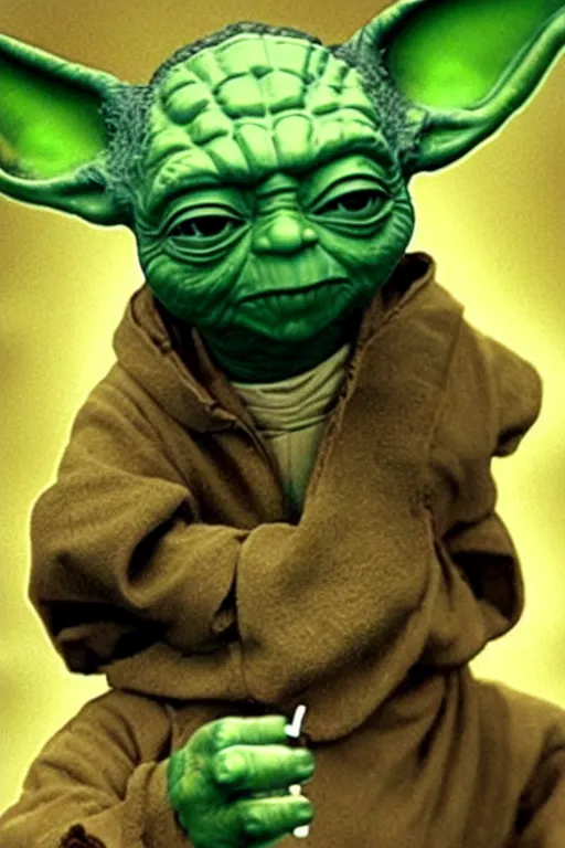 Image similar to yoda floating through space smoking a large joint