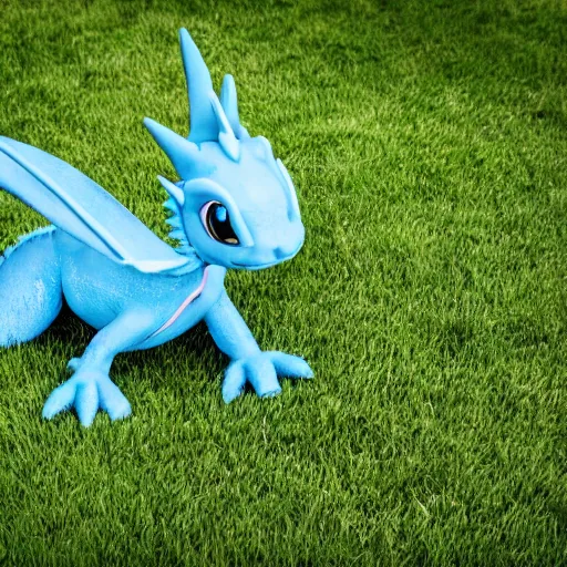 Prompt: baby blue dragons playing in the grass