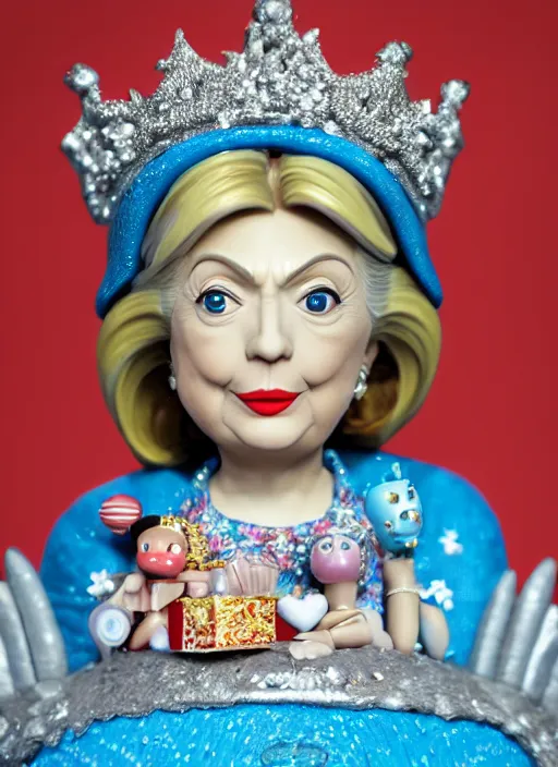 Image similar to closeup face profile portrait of tin toy hillary clinton as a fairytale princess wearing a crown eating cakes, bikini, depth of field, zeiss lens, detailed, symmetrical, centered, fashion photoshoot, by nicoletta ceccoli, mark ryden, lostfish, breathtaking, 8 k resolution, extremely detailed, beautiful, establishing shot, artistic, hyperrealistic, octane render