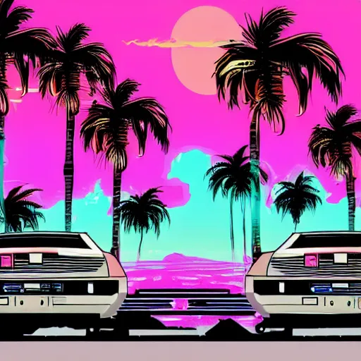 Image similar to wasteland destroyed hotline miami car wide shot epic post apocalyptic landscape miami nuke fire craters end of the world miami beach sunset vapor wave palm trees 80s synth retrowave delorean decal