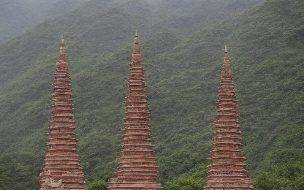 Image similar to twin chinese buddhist pagodas made of stone in a beautiful chinese landscape by michael whelan,