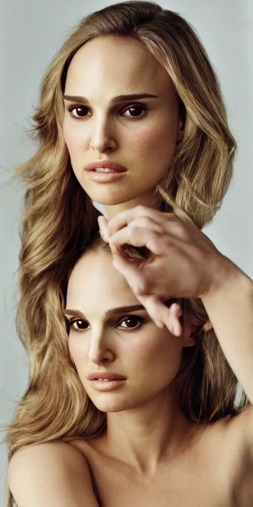 Image similar to a still of natalie portman a beautiful looking off into the distance, wavy medium - length blond hair, beautiful eyes, medium shot, with a soft, natural light falling on her face. the focus is on her eyes and brows, which are perfectly shaped and well - defined. by annie leibowitz