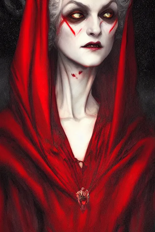 Image similar to nosferatu princess, wearing a red cloak, highly detailed, digital painting, artstation, concept art, smooth, sharp focus, illustration, art by artgerm and greg rutkowski and alphonse mucha and andrei riabovitchev