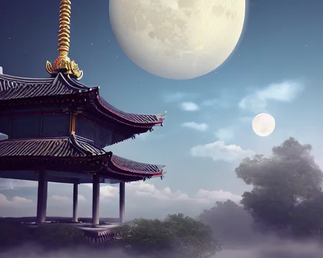Image similar to photorealistic lunar pavilion temple in the clouds, artstation