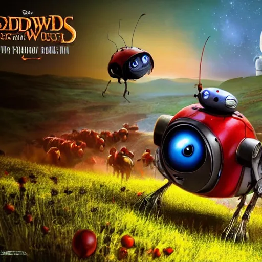 Image similar to promotional movie still, ladybugs, ladybug quadruped with big rgb eyes, ladybug hobbits, ladybug robots, space western, dramatic lighting, the fellowship of the ring ( film ), ( ( wall - e ( film ) ) )