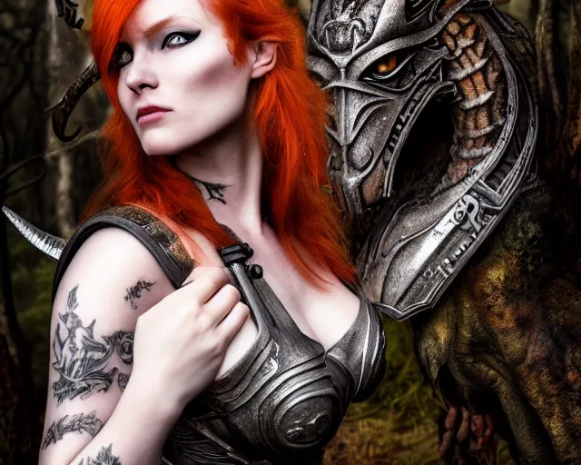 Image similar to 5 5 mm portrait photo of an armored gorgeous anesthetic redhead woman warrior with a face tattoo and horns growing from her head, and small dragon sitting on her shoulder in a magical forest in the style of stefan kostic, art by luis royo. highly detailed 8 k. intricate. lifelike. soft light. nikon d 8 5 0. cinematic post - processing