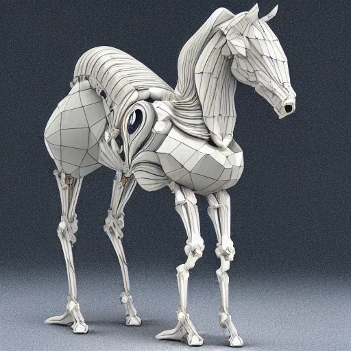 Image similar to biomechanical horse made of marble and crystal, fractal 3 d structure, intricate details, octane render, soft lighting