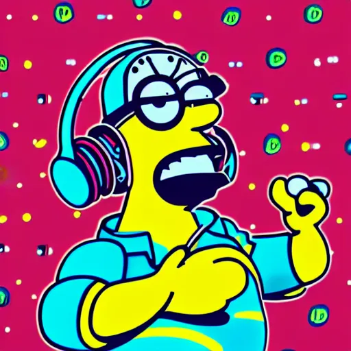 Image similar to svg sticker of a Homer-Simpson at a rave, spinning records, giant headphones rocking out, wearing headphones, huge speakers, dancing, rave, DJ, spinning records, digital art, amazing composition, rule-of-thirds, award-winning, trending on artstation, featured on deviantart