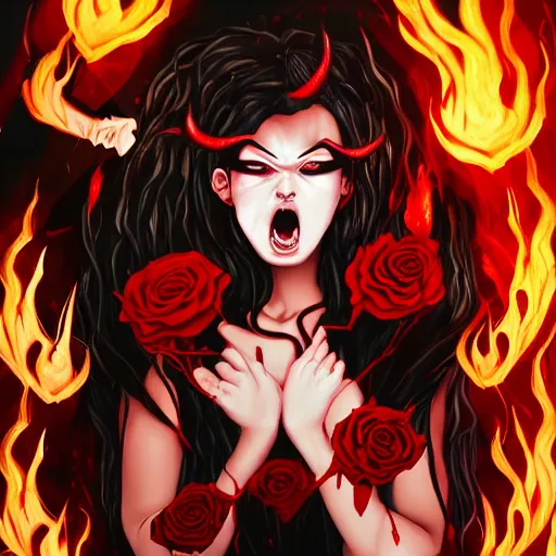 Prompt: super mad demon girl extreme anger with demon horns in a pretty black dress covered in blood with a rose in her hand in front of a destroyed forest in flames, super high detail portrait