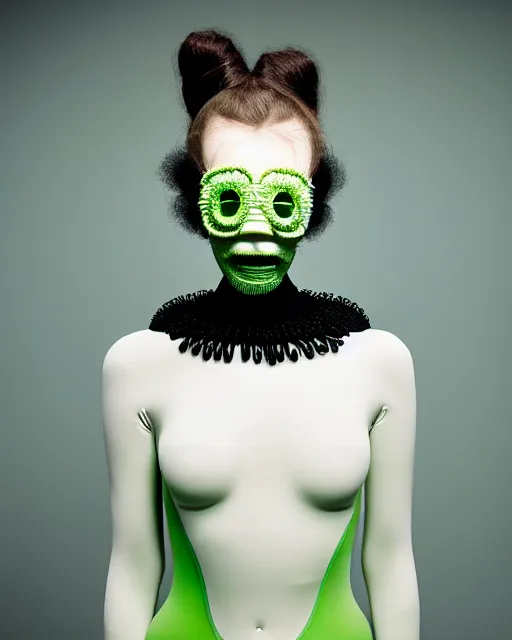 Prompt: portrait of a woman wearing a green embroidered translucent silicone mask and white frizzy hair buns, wearing a black bodysuit by alexander mcqueen, cream white background, soft diffused light, biotechnology, humanoide robot, bjork aesthetic, translucent, by rineke dijkstra, intricate details, highly detailed, masterpiece,