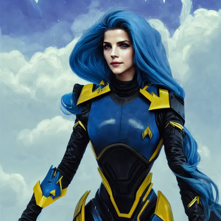 Image similar to portrait of a combination of Ashley Greene, Katheryn Winnick, Victoria Justice, Adriana Dxim, Grace Kelly and Emma Watson with blue hair wearing Interceptor's armor from Anthem, countryside, calm, fantasy character portrait, dynamic pose, above view, sunny day, thunder clouds in the sky, artwork by Jeremy Lipkin and Giuseppe Dangelico Pino and Michael Garmash and Rob Rey and Greg Manchess and Huang Guangjian, very coherent asymmetrical artwork, sharp edges, perfect face, simple form, 100mm