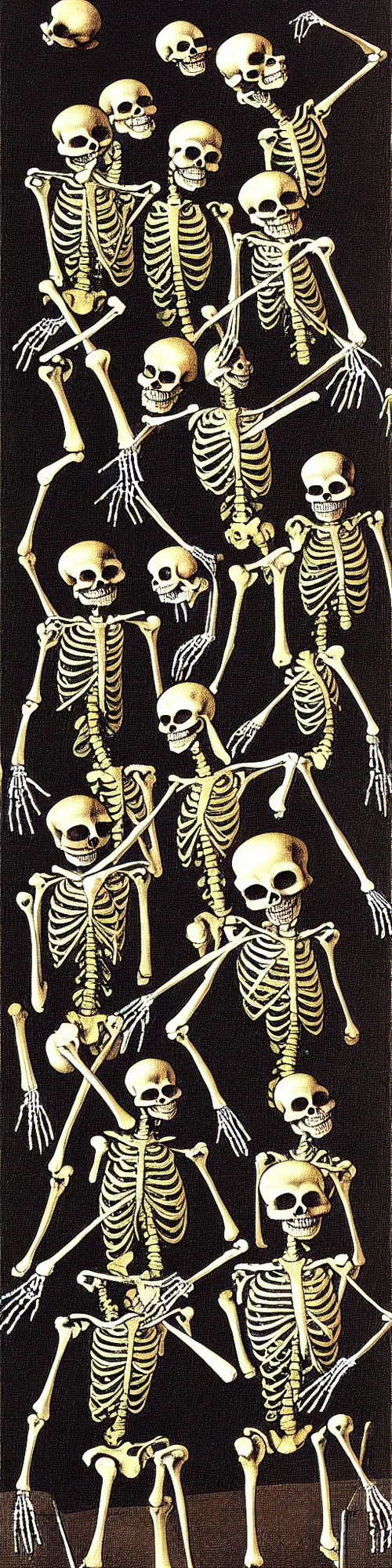 Image similar to skeletons dancing, hieronymus bosch, victor moscoso