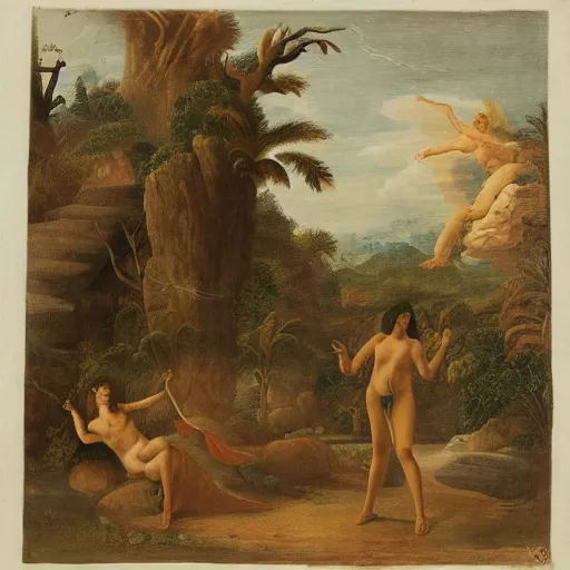 Prompt: Elaborate Scene : a cheeky model staggers into a sorcerer in paradise